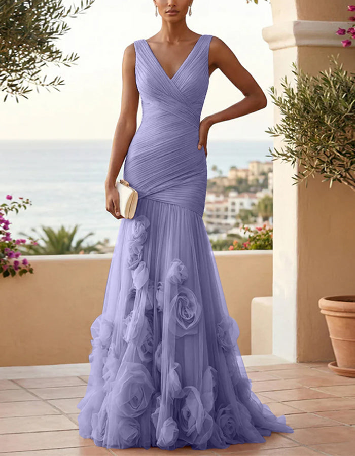 Vestido maxi de malla con rosas 3D y cuello en V de color sólido  