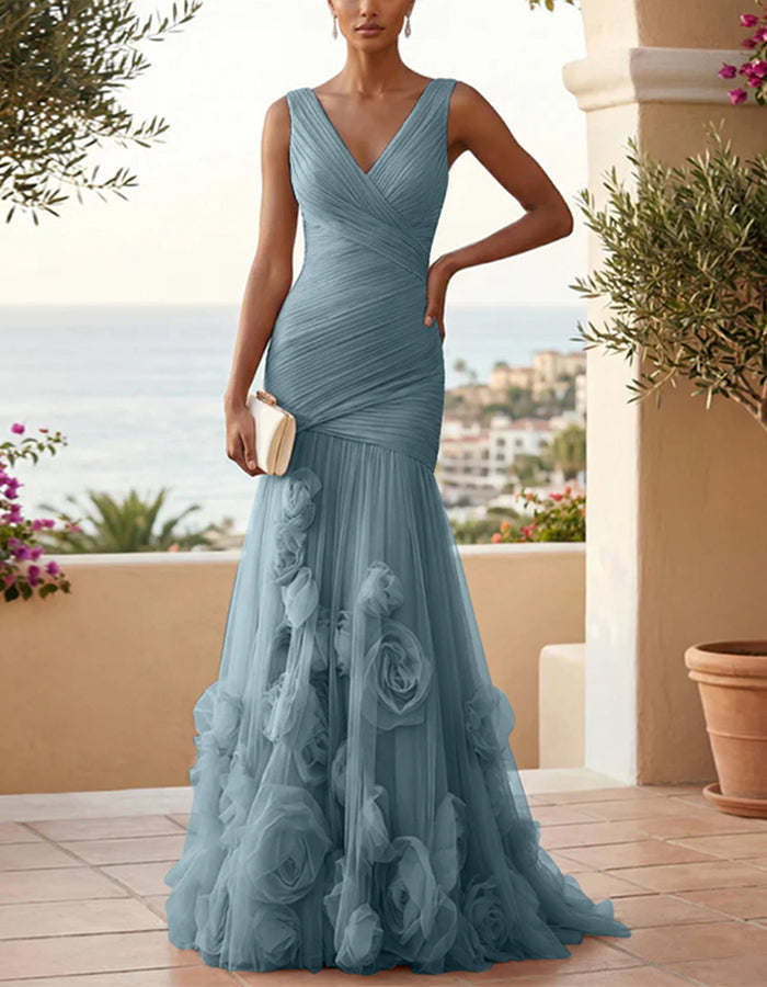 Vestido maxi de malla con rosas 3D y cuello en V de color sólido  