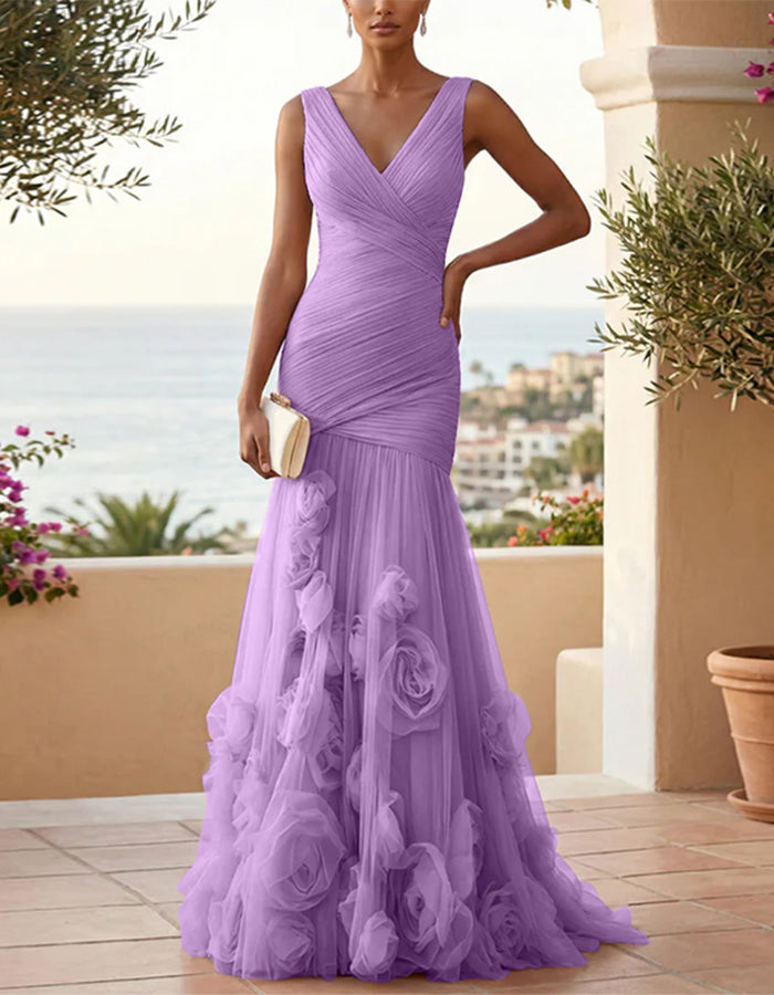 Vestido maxi de malla con rosas 3D y cuello en V de color sólido  