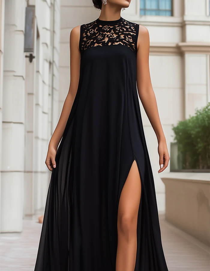 Vestido longo de chiffon preto com renda e gola alta
