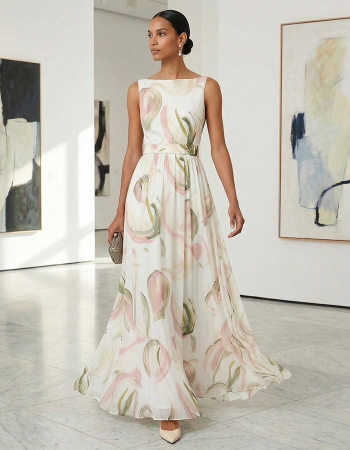 Robe longue sans manches en mousseline à imprimé floral effet encre