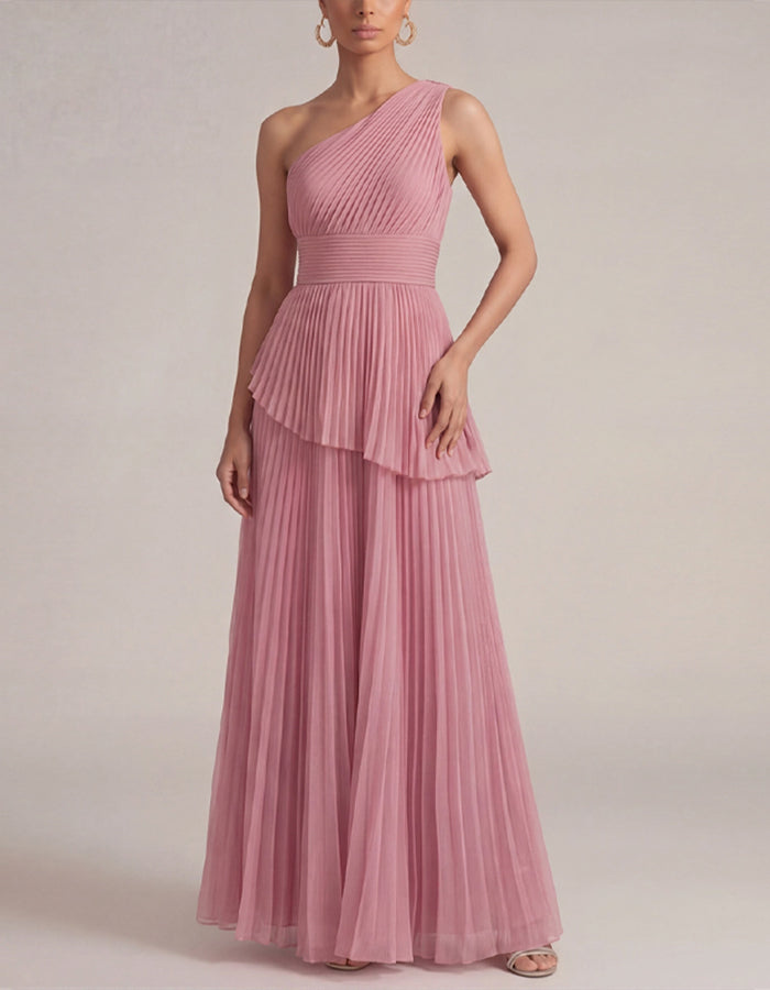 Einfarbiges Maxikleid aus plissiertem, geschichtetem Chiffon mit einer Schulter  