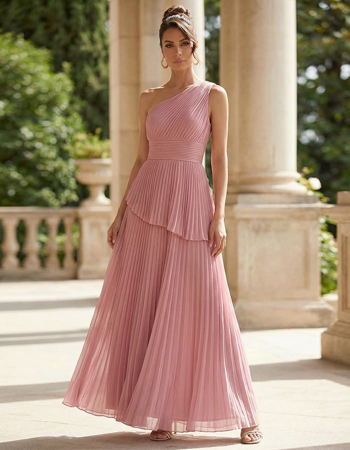 Rochie maxi uni cu un umăr, plisată și stratificată din chiffon