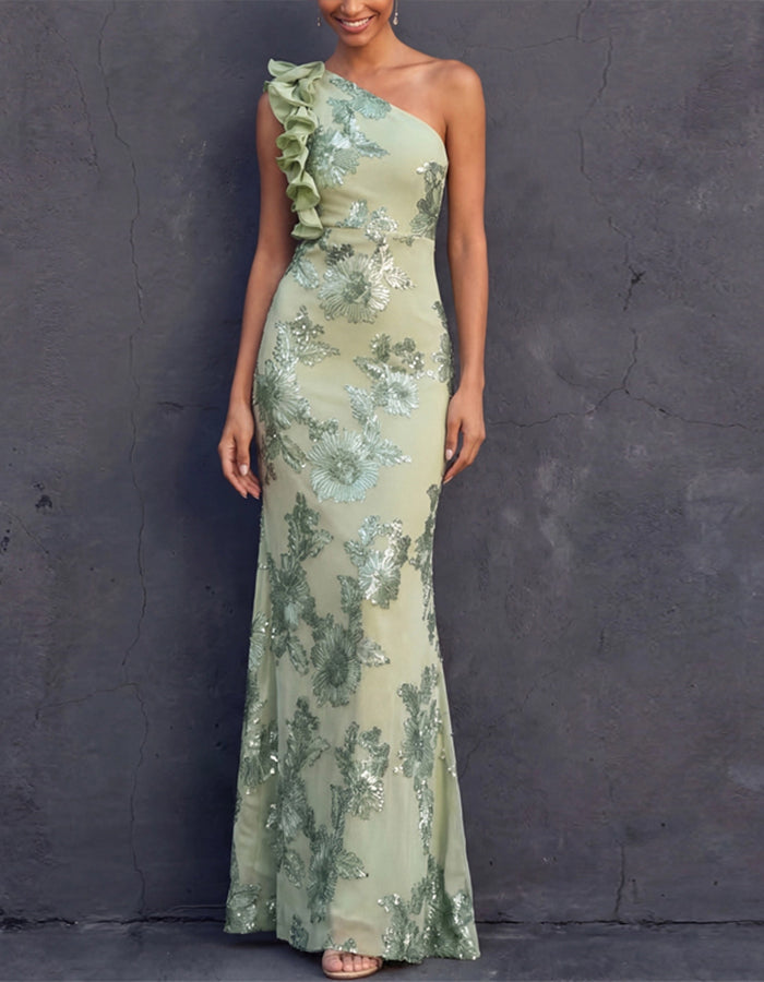 Maxi-jurk van mintgroene chiffon met één schouder, ruches en pailletten in bloemenpatroon