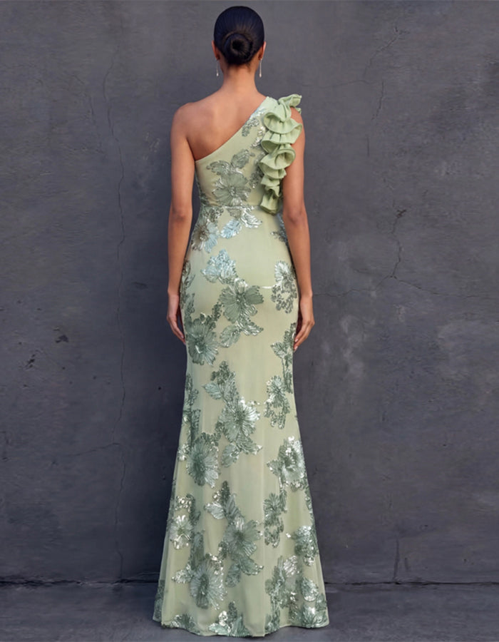 Maxikleid aus mintgrünem Chiffon mit einer Schulter, Rüschen und Pailletten-Blumenmuster  