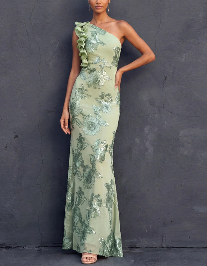 Maxikleid aus mintgrünem Chiffon mit einer Schulter, Rüschen und Pailletten-Blumenmuster  