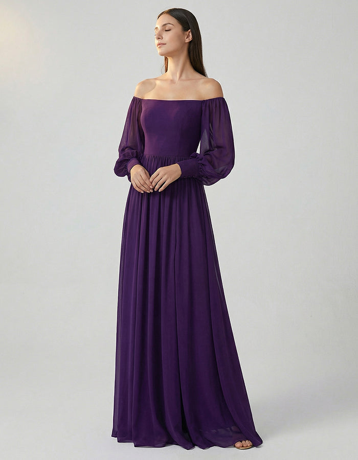 Maxi-jurk van diep paarse chiffon met blote schouders en lantaarnmouwen