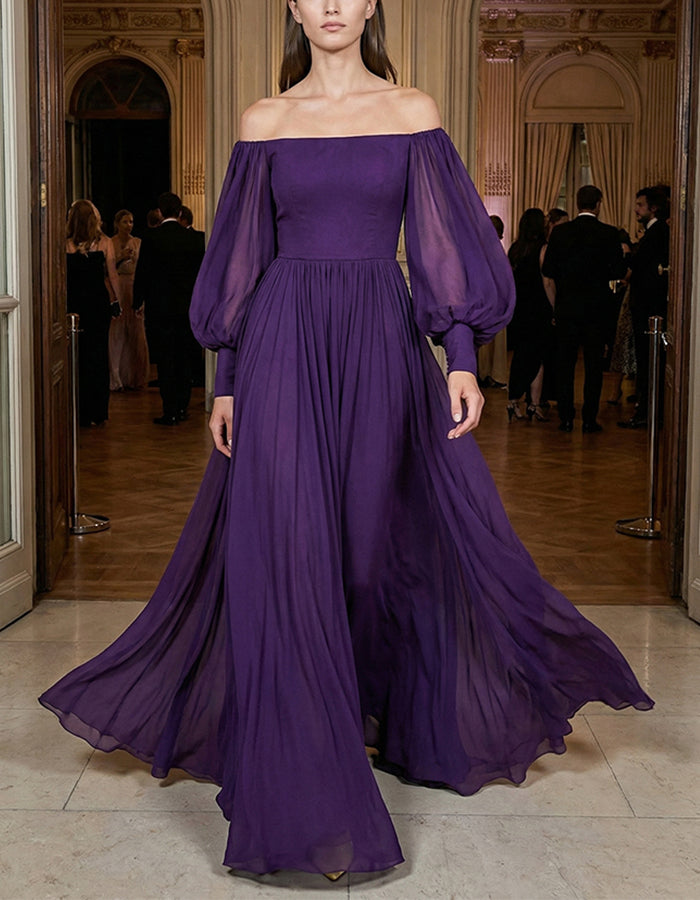 Vestido Maxi de Chiffon Roxo Escuro com Ombros Descobertos e Mangas Lanterna