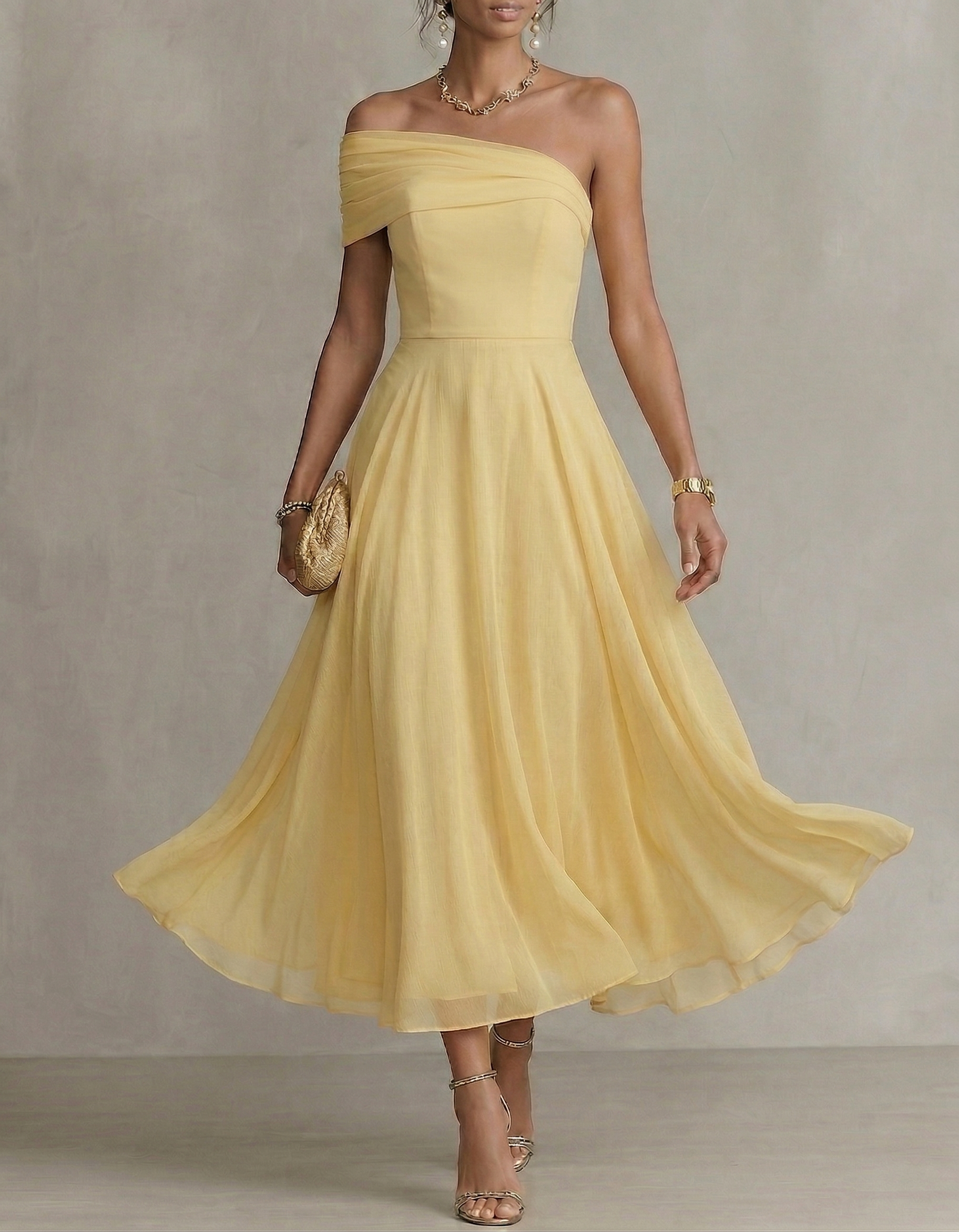 Pale Yellow Chiffon One-Shoulder Fitted Waist Maxi Dress