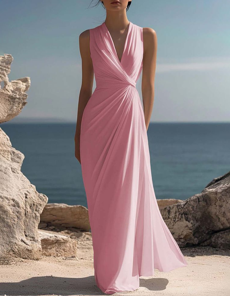 Vestido maxi estilo vacaciones con escote en V y cintura ajustada en gasa  