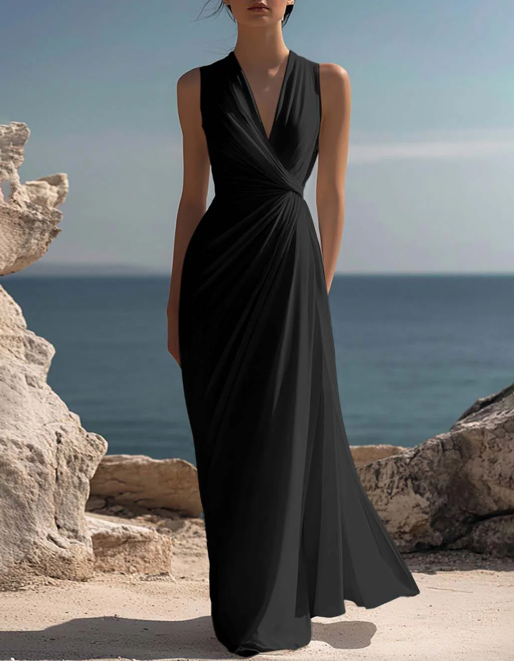 Chiffon V-Neck Fitted Waist Vacation Style Maxi Dress