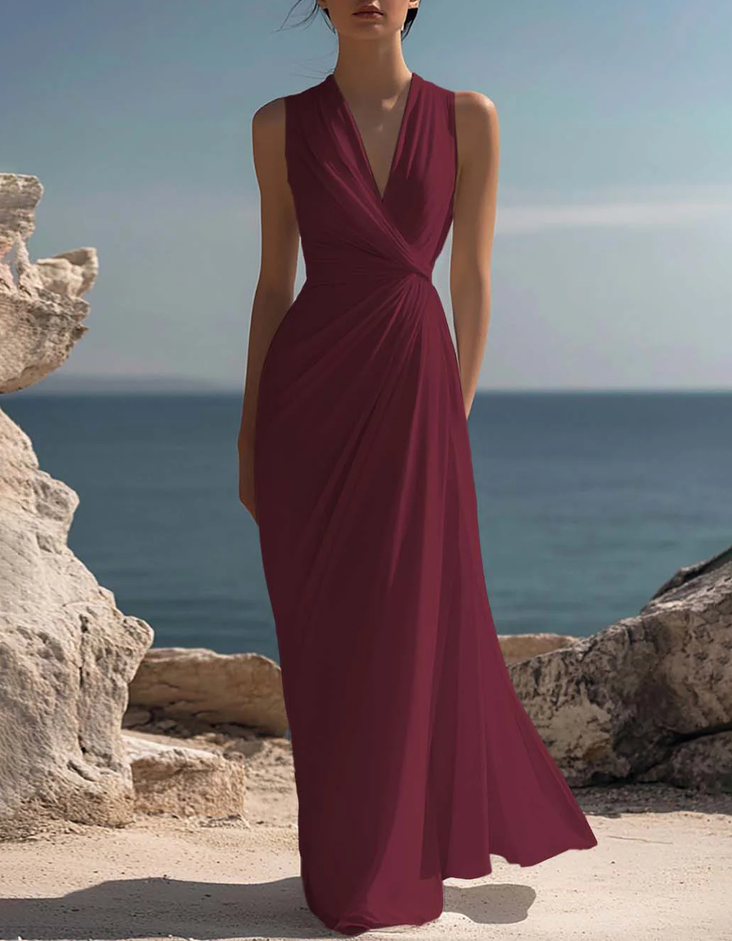 Vestido maxi estilo vacaciones con escote en V y cintura ajustada en gasa  