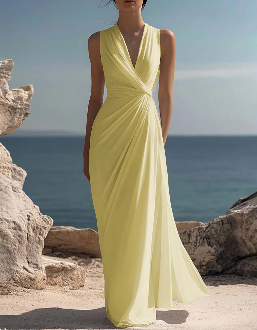 Vestido maxi estilo vacaciones con escote en V y cintura ajustada en gasa  