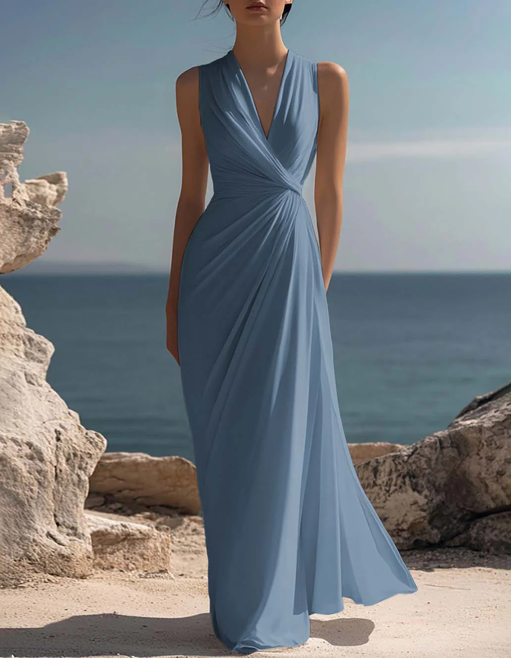 Vestido maxi estilo vacaciones con escote en V y cintura ajustada en gasa  