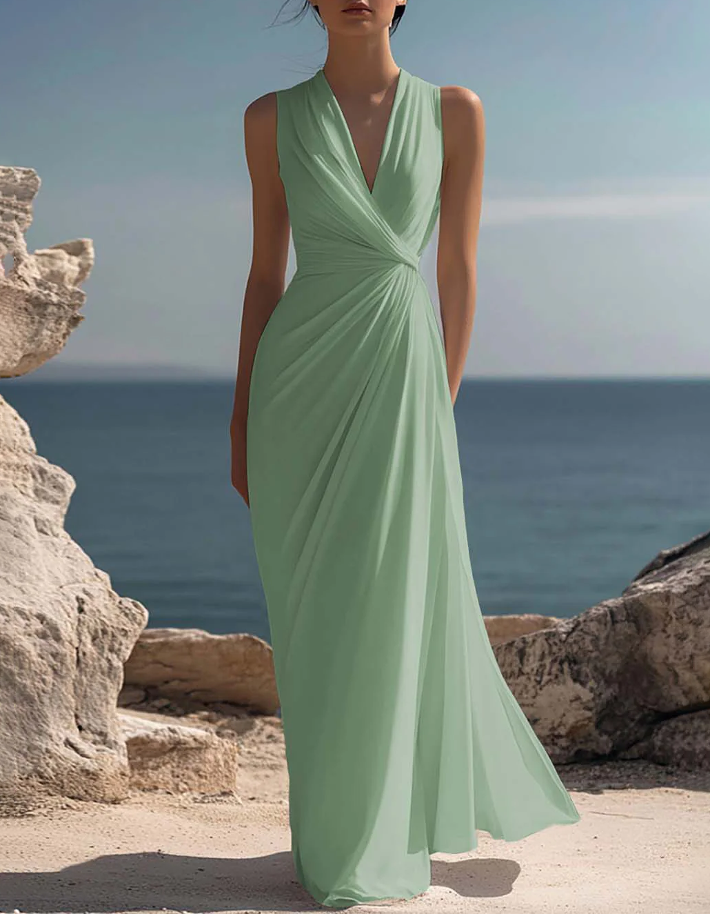 Vestido maxi estilo vacaciones con escote en V y cintura ajustada en gasa  