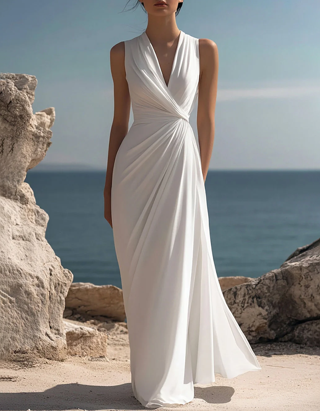 Vestido maxi estilo vacaciones con escote en V y cintura ajustada en gasa  