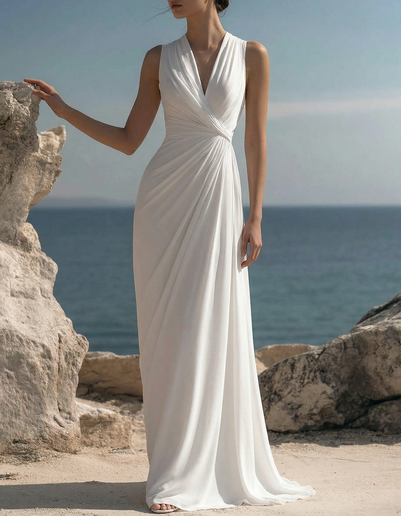 Vestido maxi estilo vacaciones con escote en V y cintura ajustada en gasa  