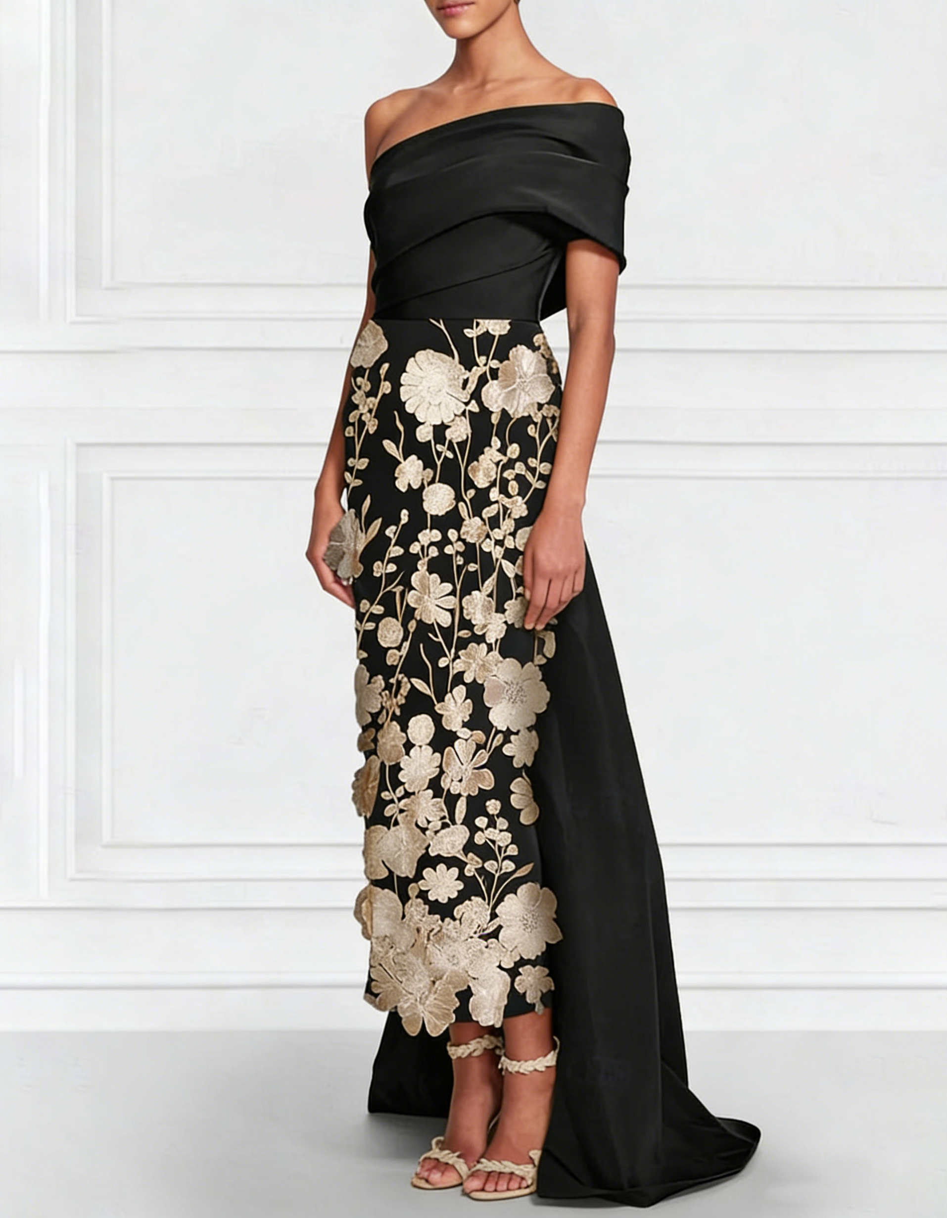 Robe maxi en satin à une épaule avec broderie en dentelle à la taille