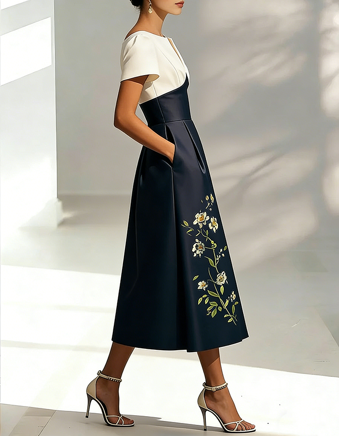 Vestido midi bordado con flores en blanco y azul marino