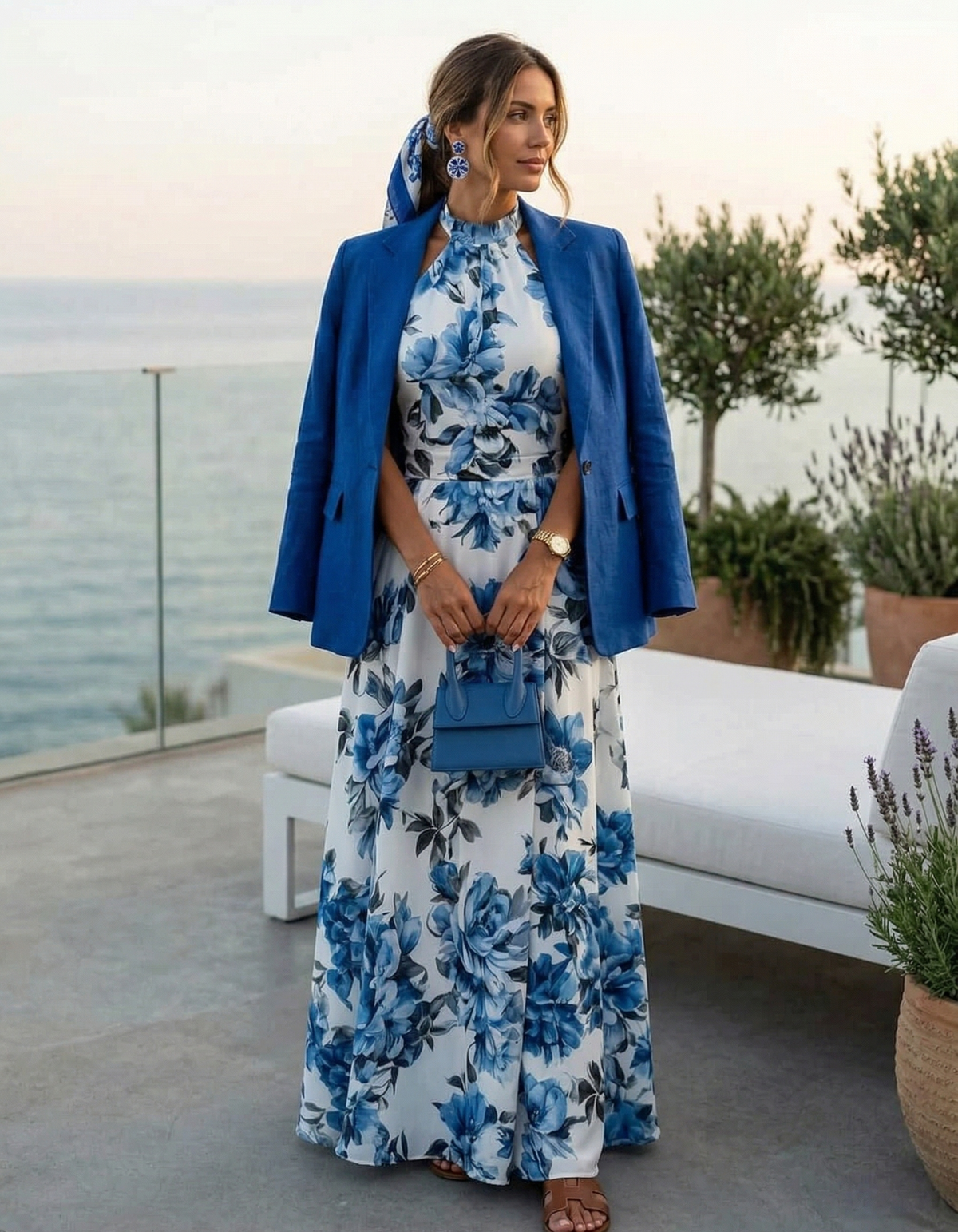 Maxikleid aus Chiffon mit Print, Neckholder, schmaler Taille und A-Linie
