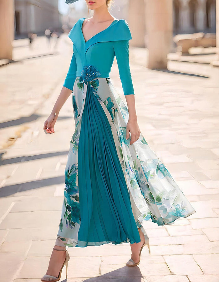 Teal & Watercolor Floral Chiffon Midi Dress