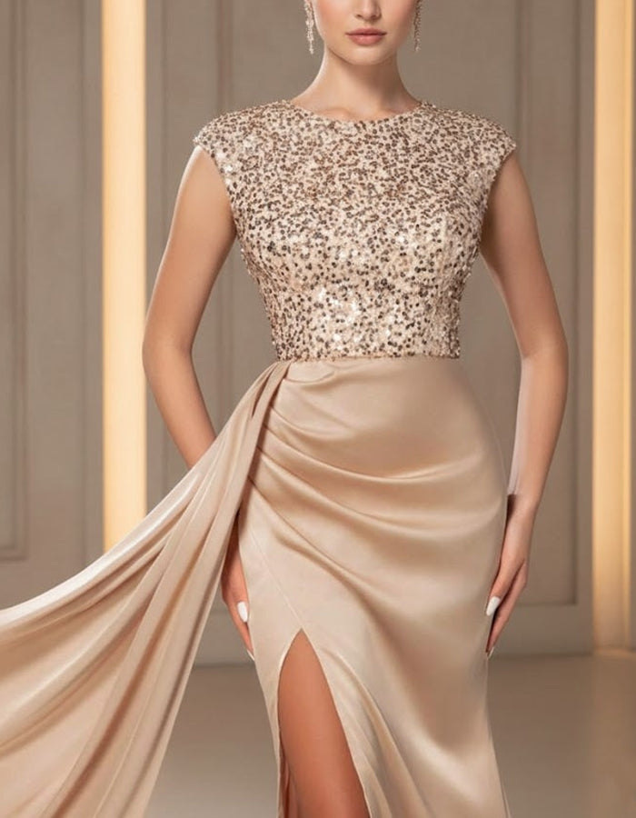 Vestido longo de cetim champanhe com corpete de lantejoulas