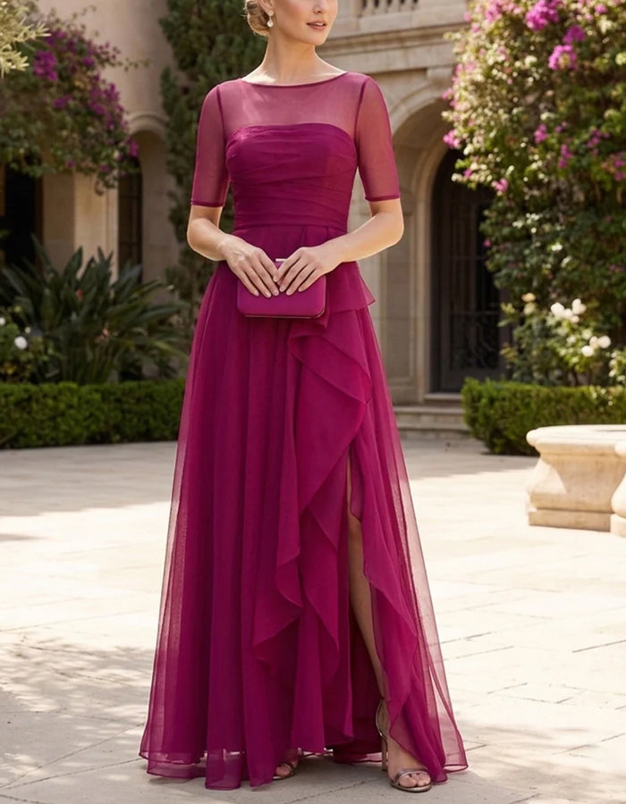 Rose Pink Mesh Chiffon See Through Mid Length Sleeves Maxi Dress – Elirelle