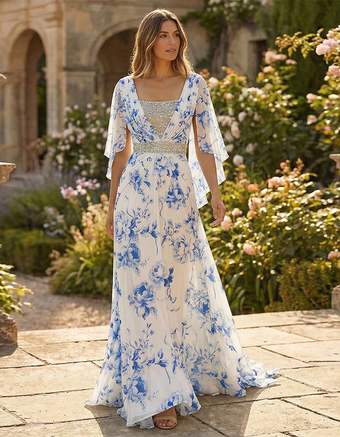 White Chiffon With Blue Flowers Maxi Dress