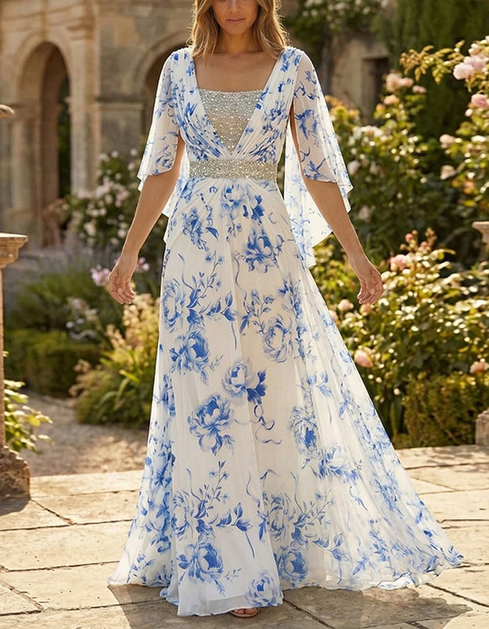 White Chiffon With Blue Flowers Maxi Dress