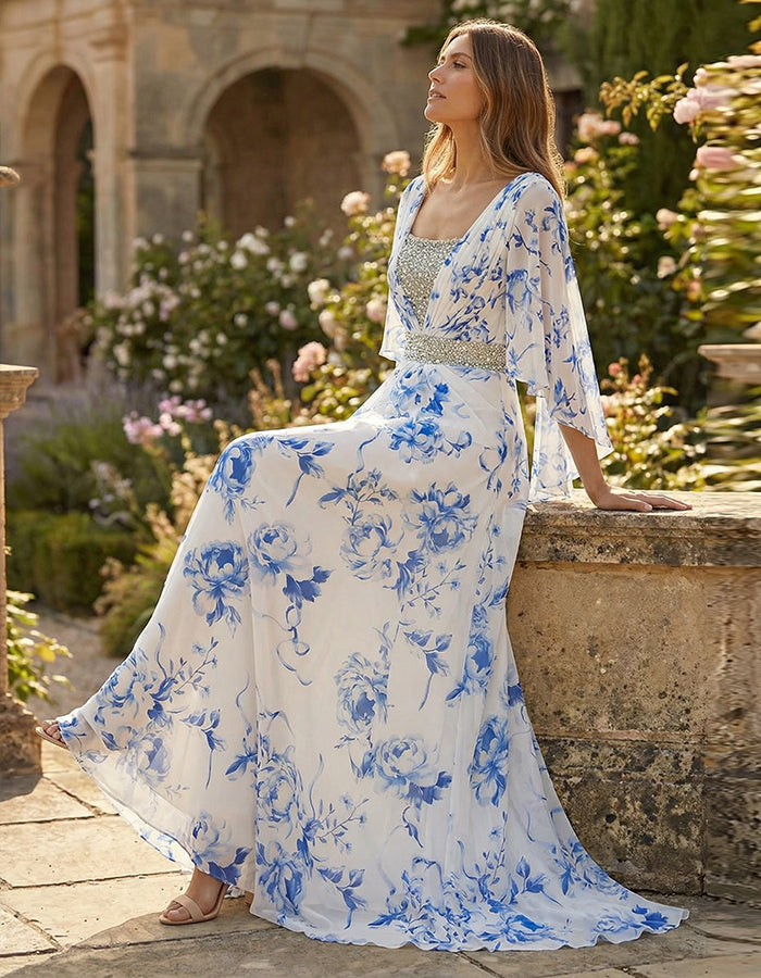 White Chiffon With Blue Flowers Maxi Dress