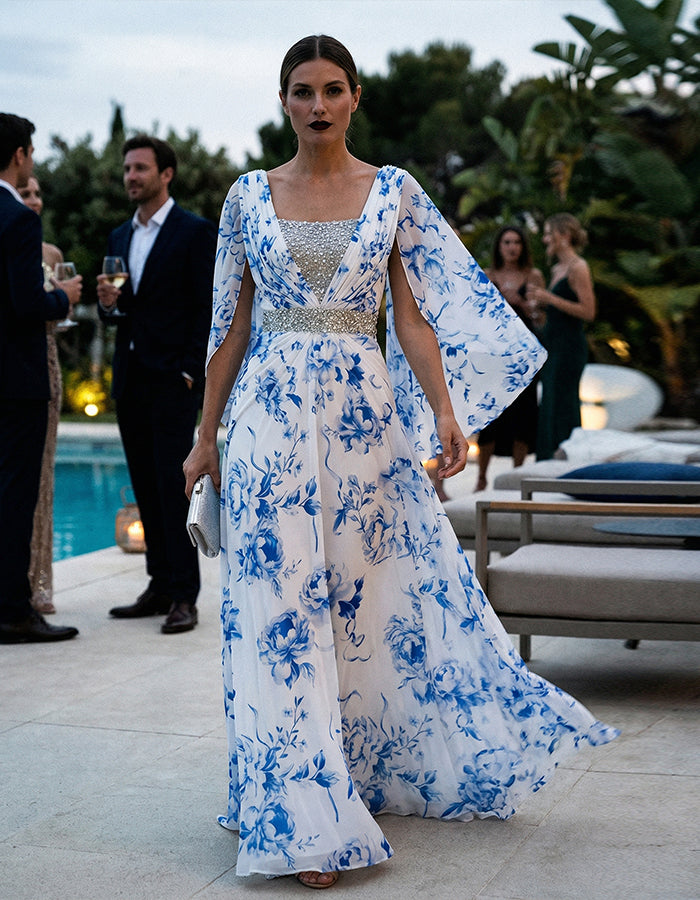 White Chiffon With Blue Flowers Maxi Dress
