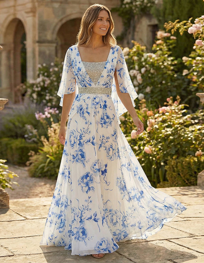 White Chiffon With Blue Flowers Maxi Dress