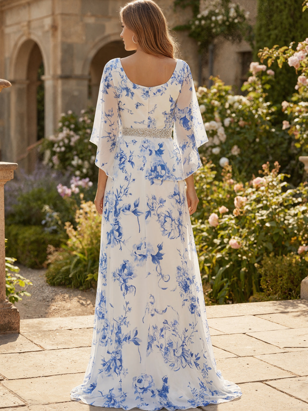 White Chiffon With Blue Flowers Maxi Dress