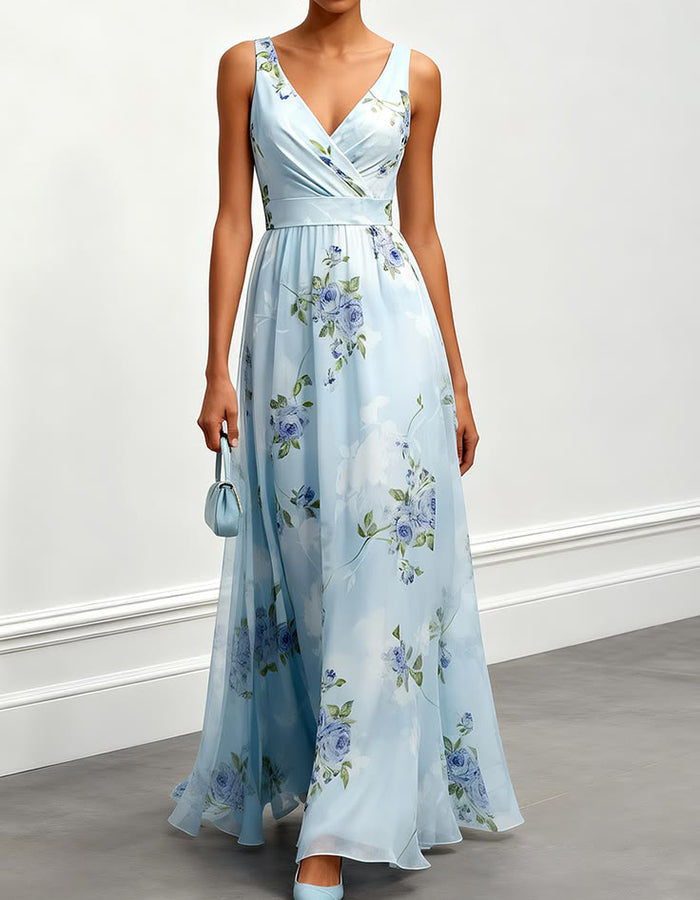 Vestido maxi de gasa azul cielo con flores azules y durazno
