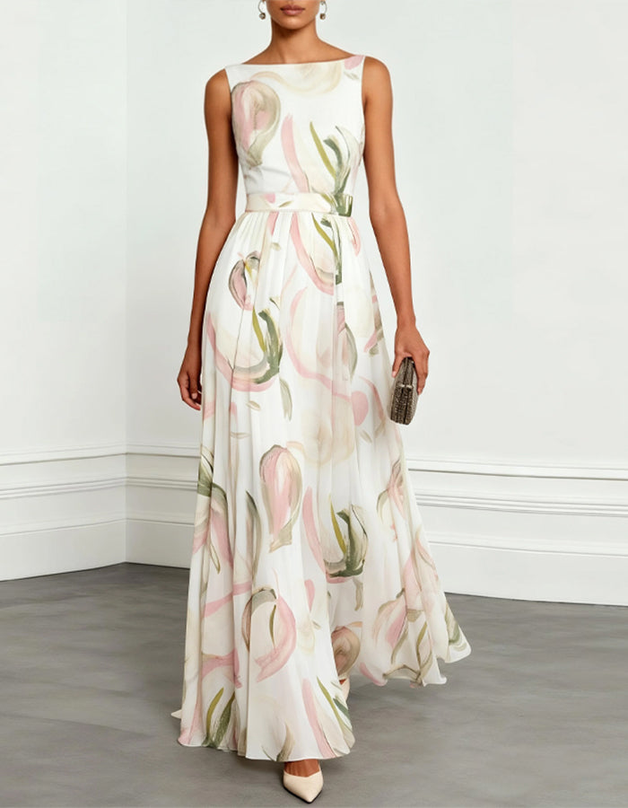 Robe longue sans manches en mousseline à imprimé floral effet encre