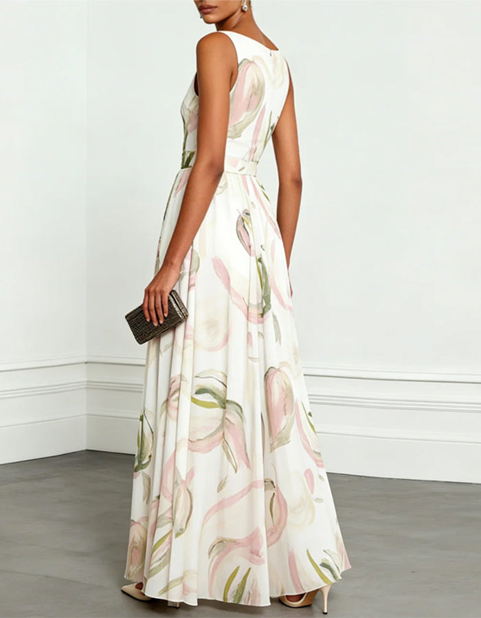 Robe longue sans manches en mousseline à imprimé floral effet encre