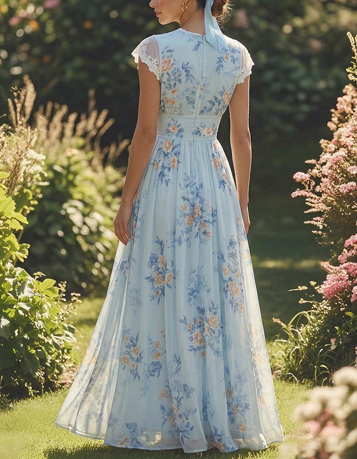 Vestido midi de gasa con encaje floral azul cielo y durazno