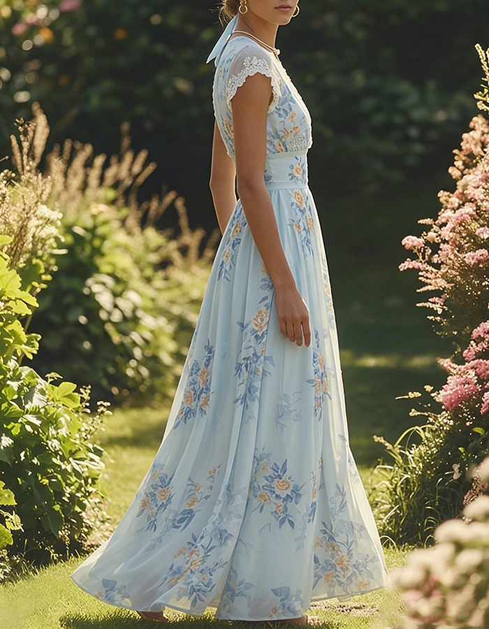 Abito midi in chiffon azzurro cielo e pesca con bordo in pizzo floreale