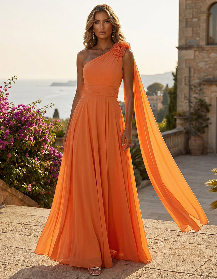 Maxiklänning i orange chiffong med enkel axel och 3D-blommor med band