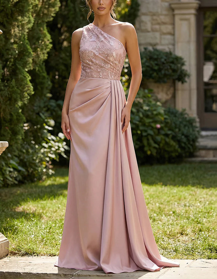 Vestido Maxi Rosa de Cetim com Renda e Ombro Único
