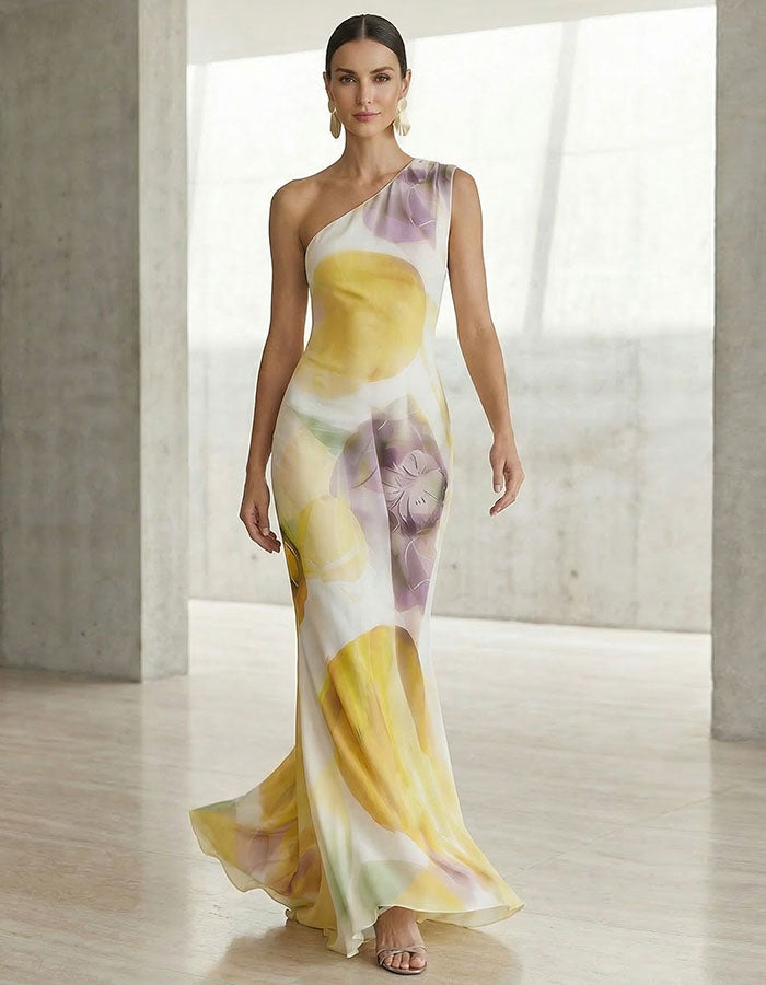 White Floral Print Single Shoulder Chiffon Maxi Dress