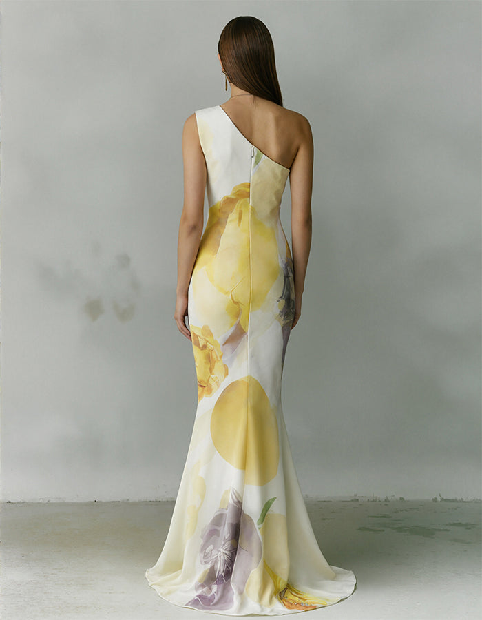 White Floral Print Single Shoulder Chiffon Maxi Dress