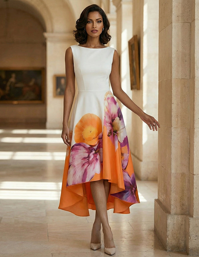 Irregular White Floral Pattern Midi Dress
