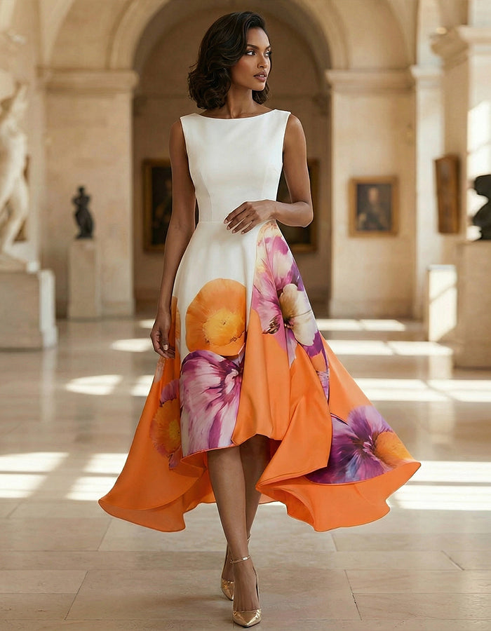Irregular White Floral Pattern Midi Dress