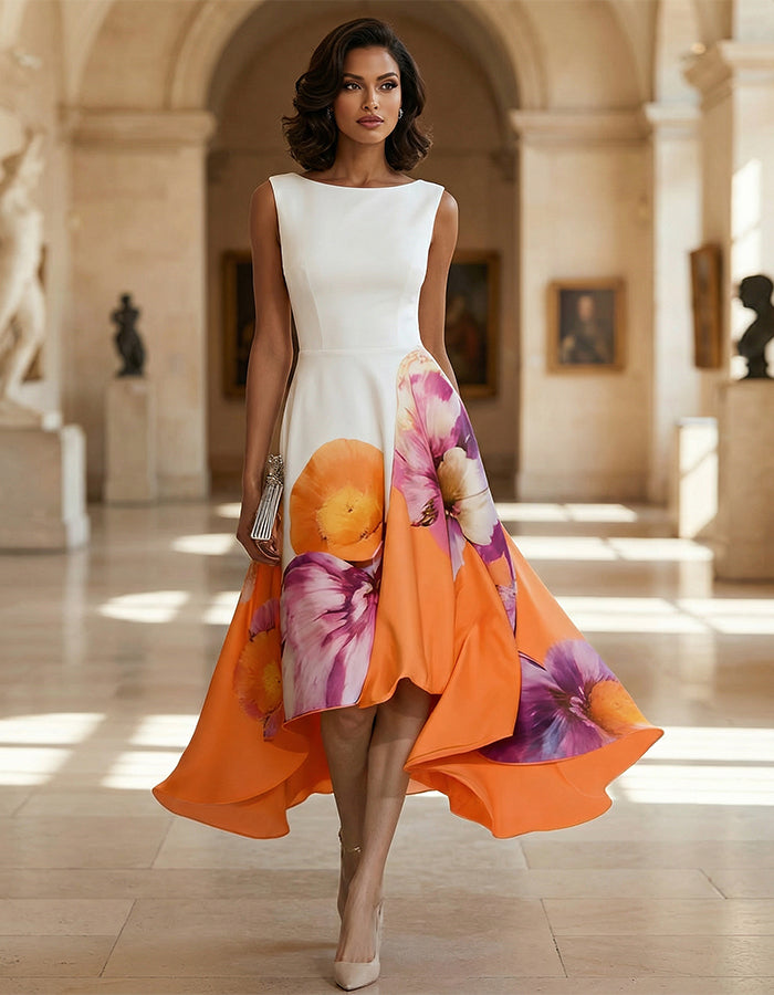 Irregular White Floral Pattern Midi Dress