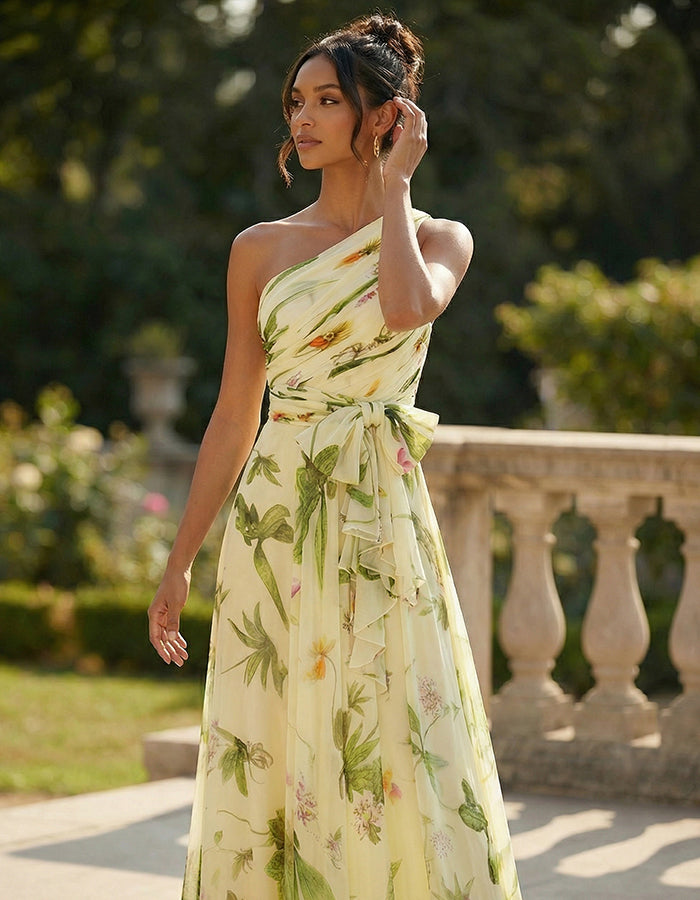 Abito lungo in chiffon verde con base gialla e stampa floreale sulle spalle