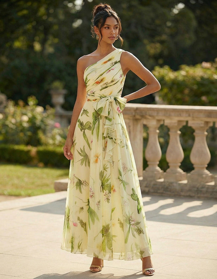 Maxikleid aus gelb-grünem Chiffon mit floralem Muster und Schulterdesign  