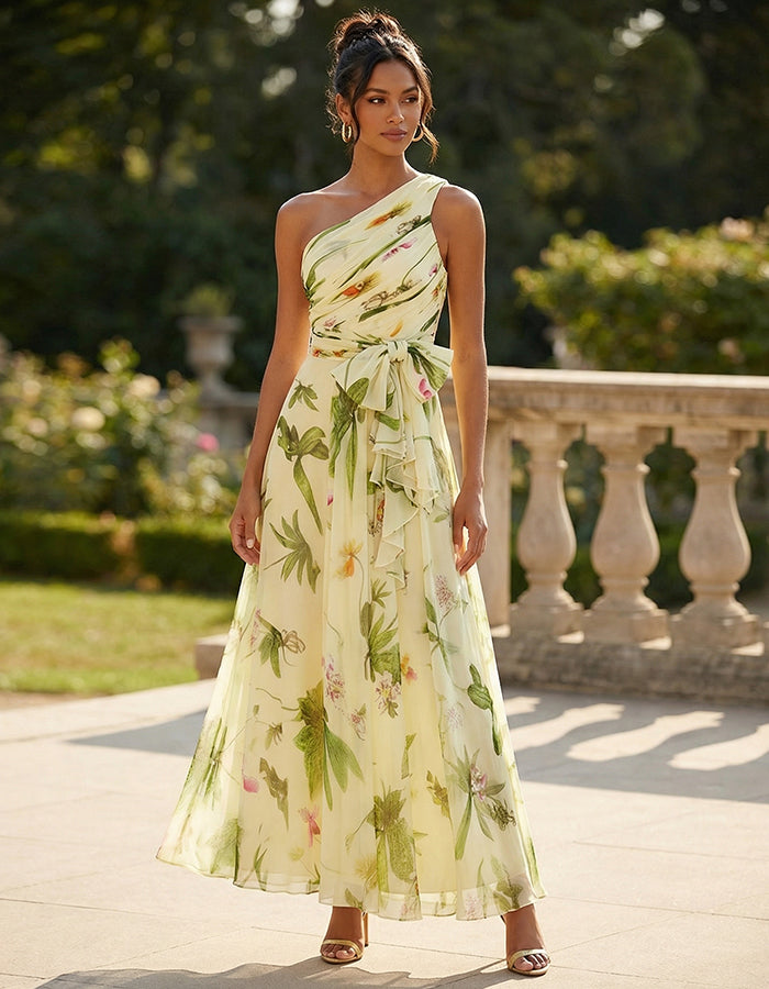 Abito lungo in chiffon verde con base gialla e stampa floreale sulle spalle