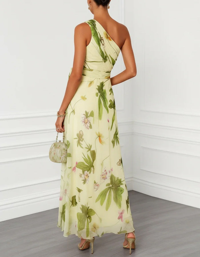 Abito lungo in chiffon verde con base gialla e stampa floreale sulle spalle