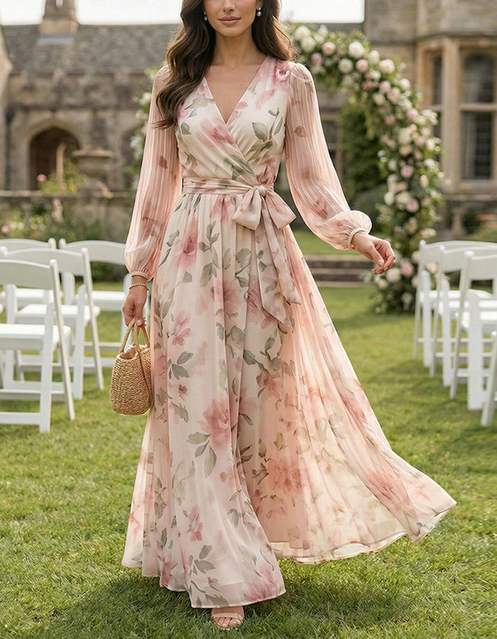 Rosa Maxikleid aus Chiffon mit floralem V-Ausschnitt und Bindeband  